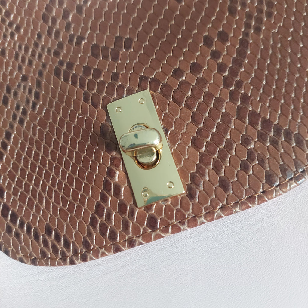 Jafferjees Pink & Brown Snake Print Leather Top Handle Satchel Bag | Gently Used |