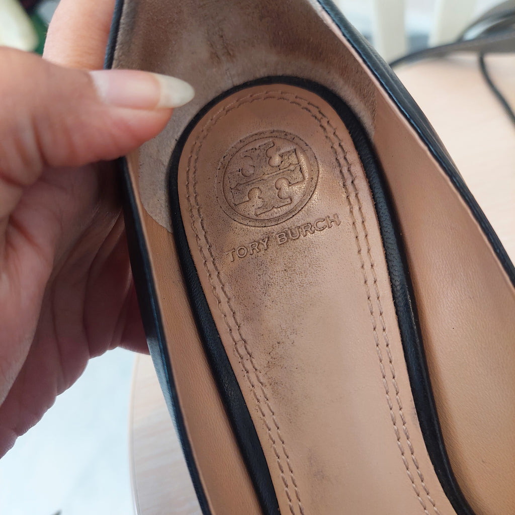 Tory Burch Black Leather Peep Toe Wedges | Pre Loved |