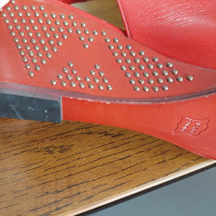 Bruno Magli Red Leather Peep Toe Studded Slingback Wedges | Pre Loved |