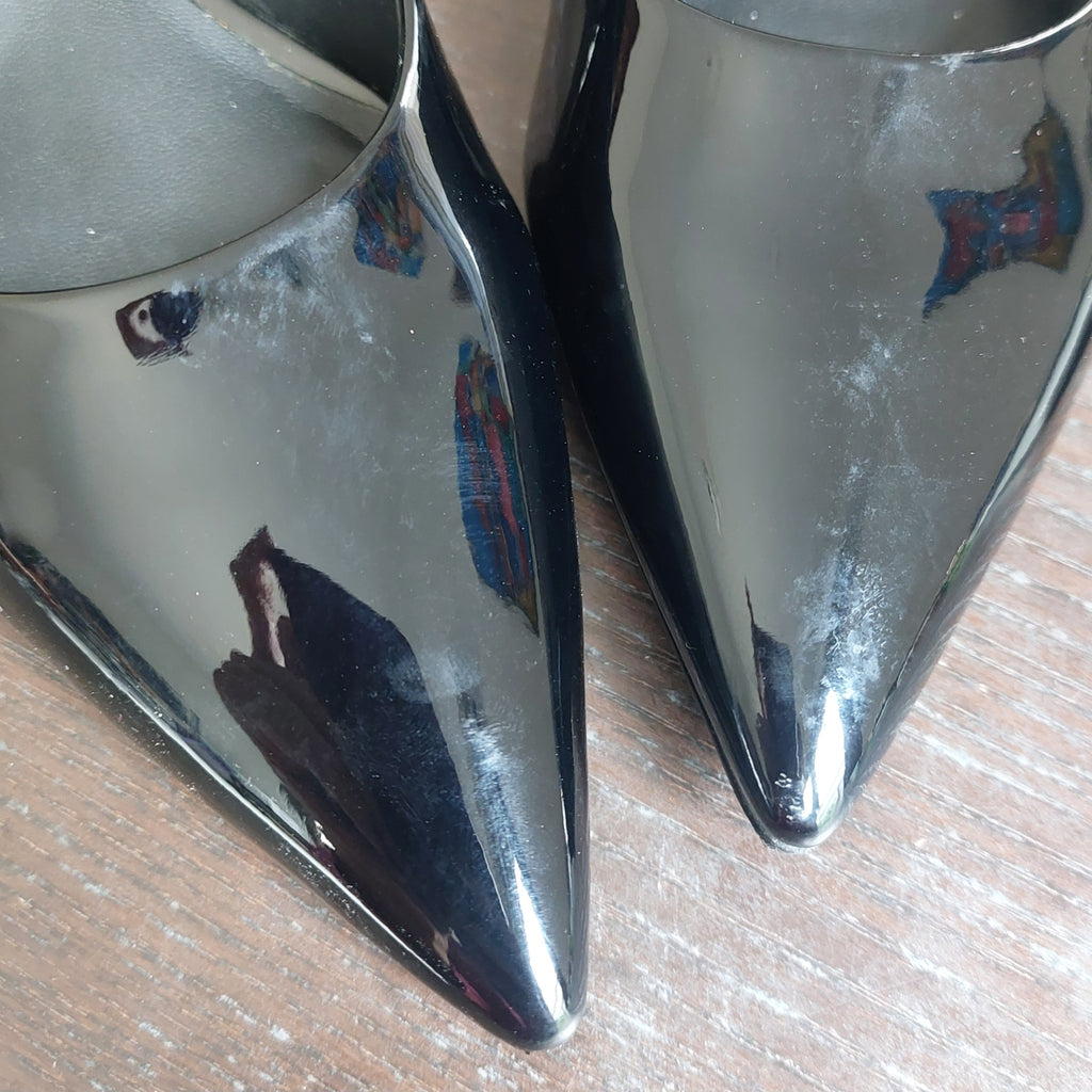 Charles & Keith Black Patent Leatherette Pointed-Toe Kitten Heel Pumps | Gently Used |