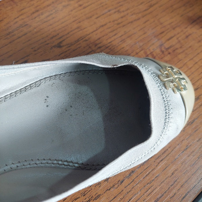 Tory Burch Grey Leather Two-Toned Jolie Ballet Flats | Pre Loved |