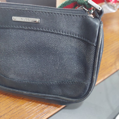 Gucci Black Denim & Leather Web Stripe Shoulder Bag | Pre Loved |