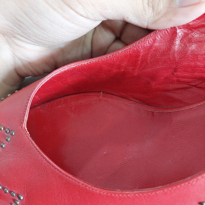 Bruno Magli Red Leather Peep Toe Studded Slingback Wedges | Pre Loved |
