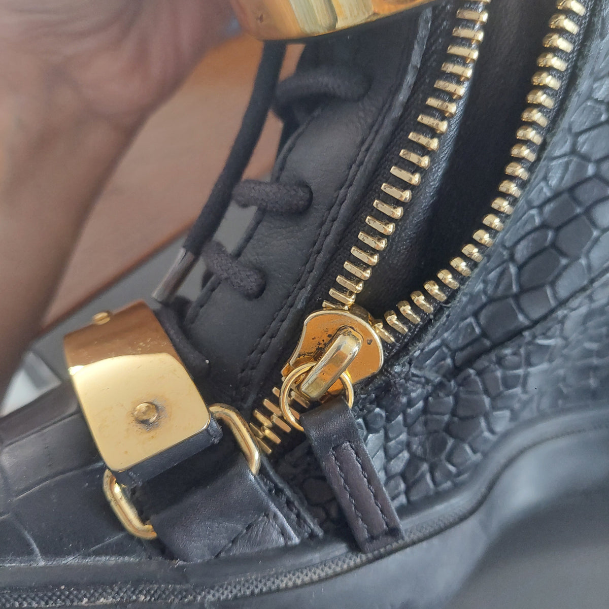 Giuseppe Zanotti Black Crocodile Embossed Leather Lorenz Wedges | Pre Loved |