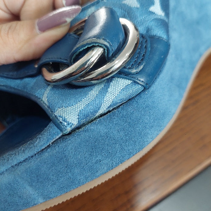 Coach Dusty Blue Merridith Logo Suede Wedges | Pre Loved |