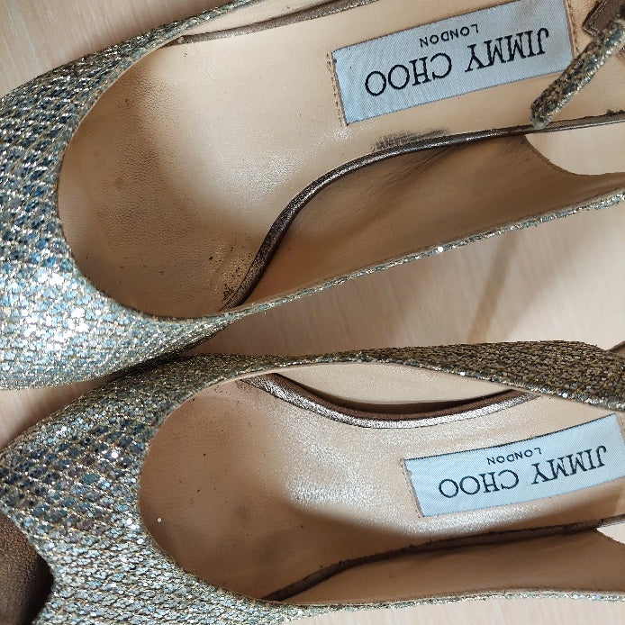 Jimmy Choo Silver & Gold Glitter Mesh Fabric Peep Toe Heels | Pre Loved |