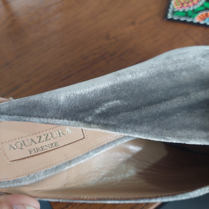 Aquazzura Grey Velvet Powder Puff Mules | Pre Loved |