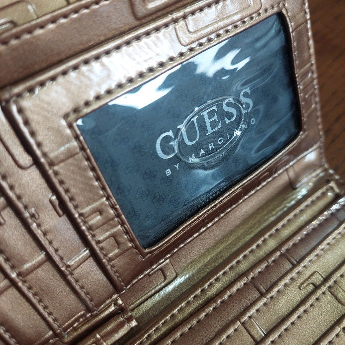 Guess Gold Patent Tri-Fold Monogram Wallet | Brand New |