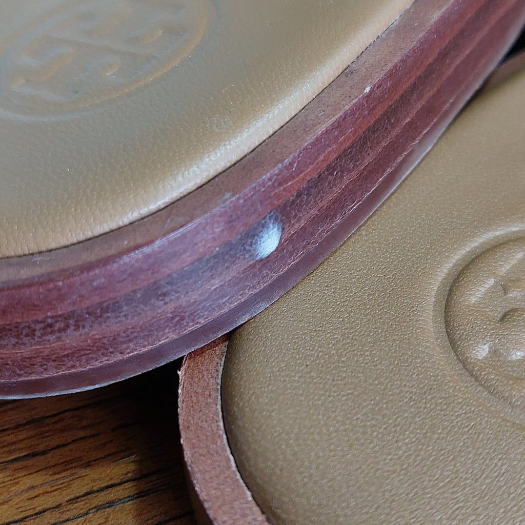 Tory Burch Royal Tan Jamie Full Logo Leather Thong Sandals | Brand New |