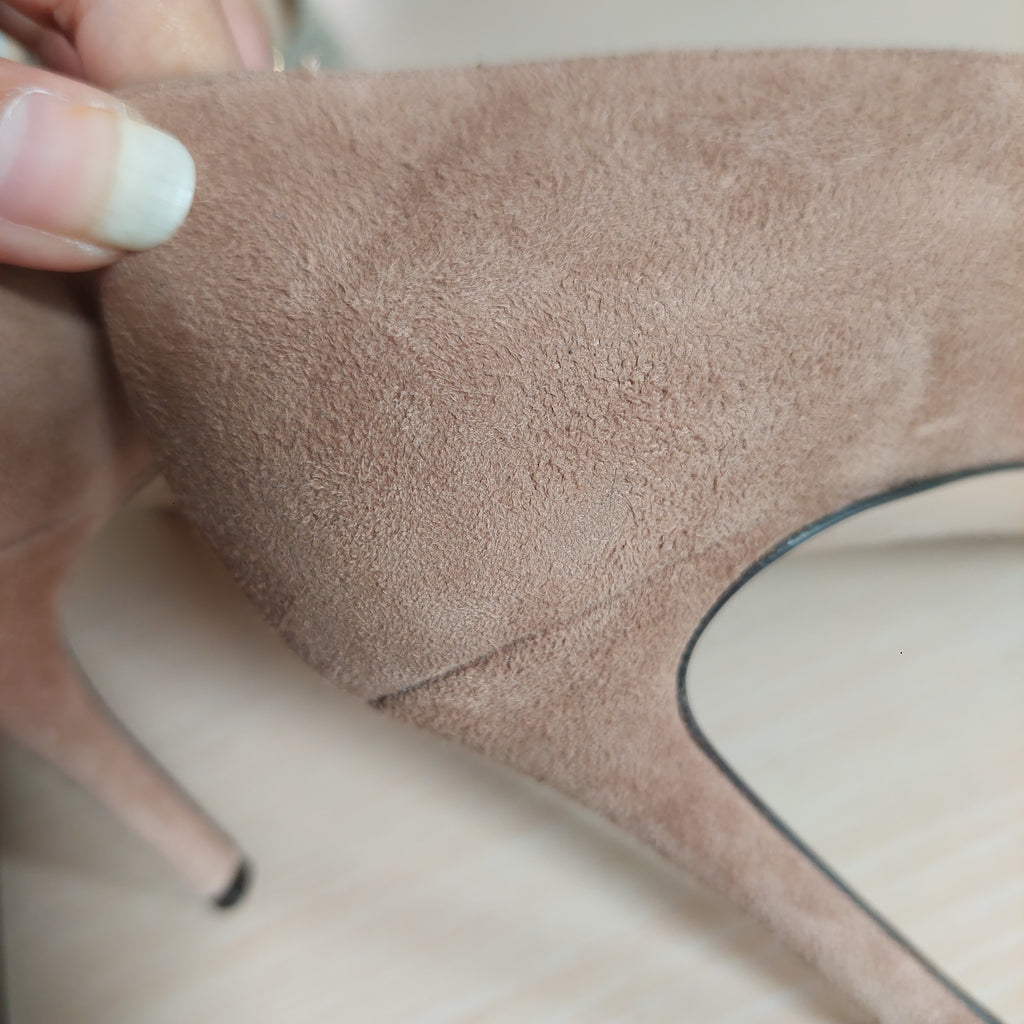 Giorgio Armani Nude Suede Asymmetrical Top Line Court Shoes | Pre Loved |