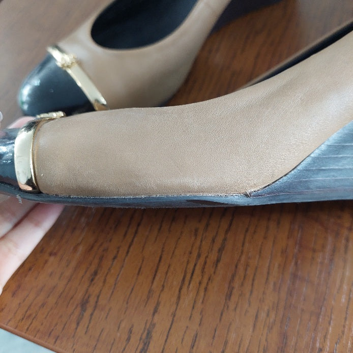 Tory Burch Tan Two Tone Patent Leather Caroline Wedges | Pre Loved |