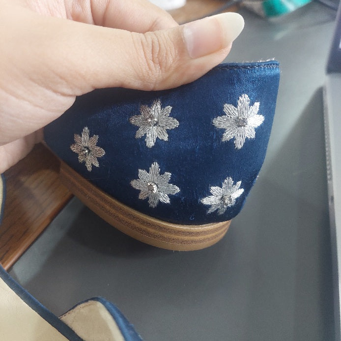 Zara Basic Navy Blue Satin Silver Embroidered Pointed Toe d'Orsay Flats | Pre Loved |