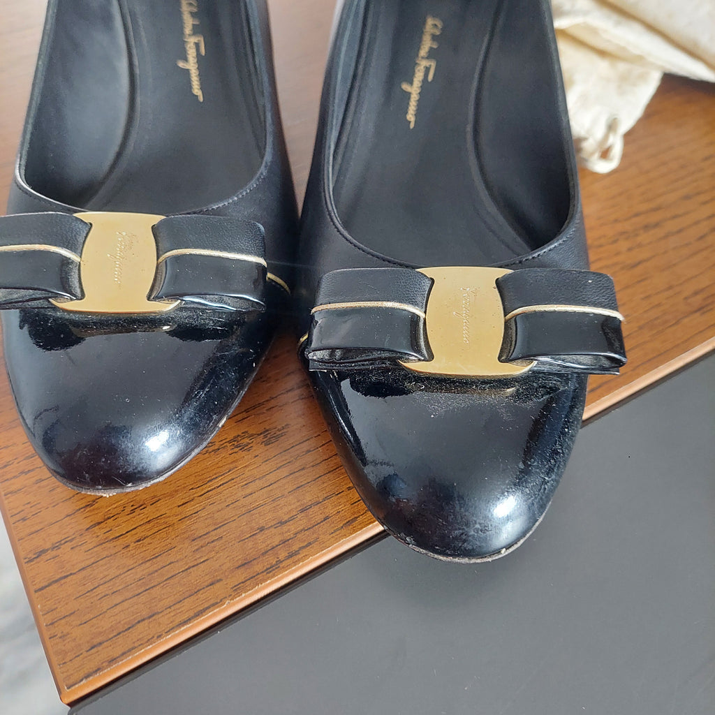 Salvatore Ferragamo Black Leather & patent Block Heels | Pre Loved |
