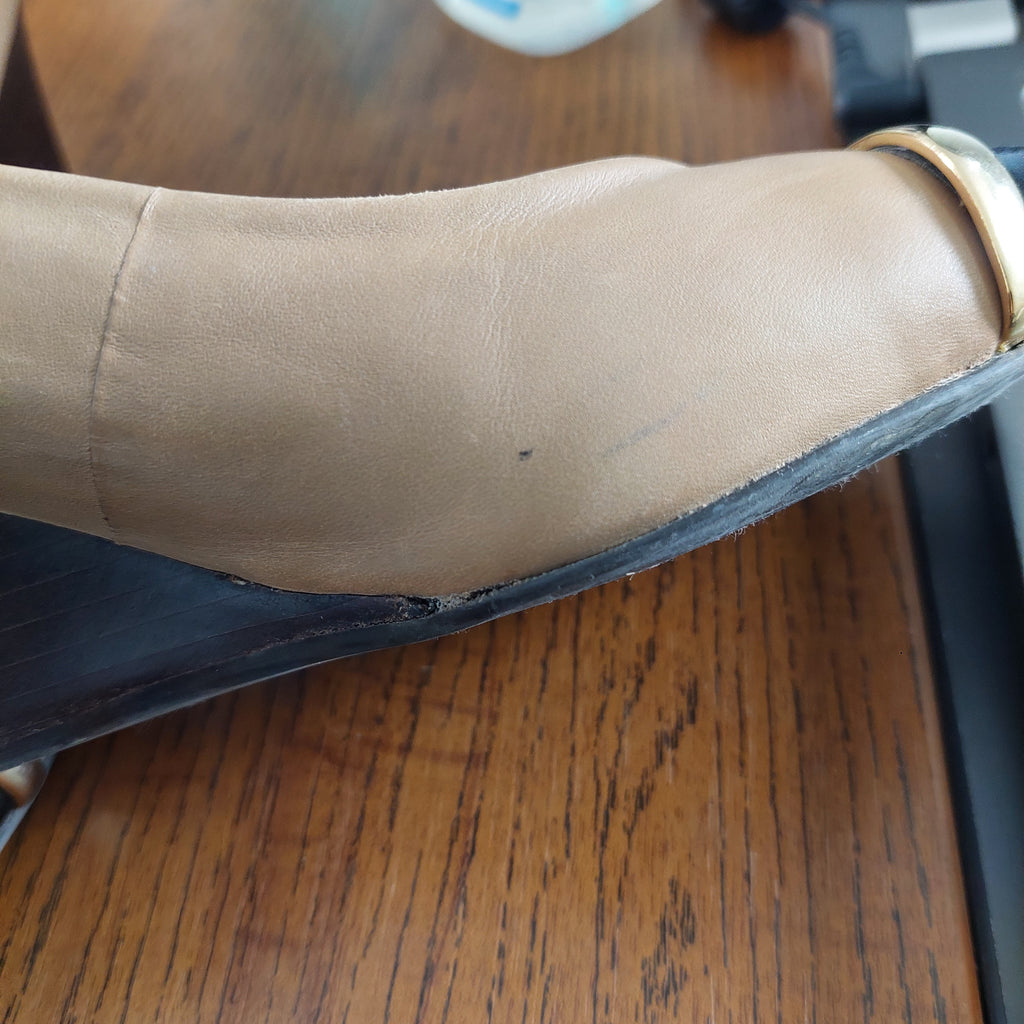 Tory Burch Tan Two Tone Patent Leather Caroline Wedges | Pre Loved |