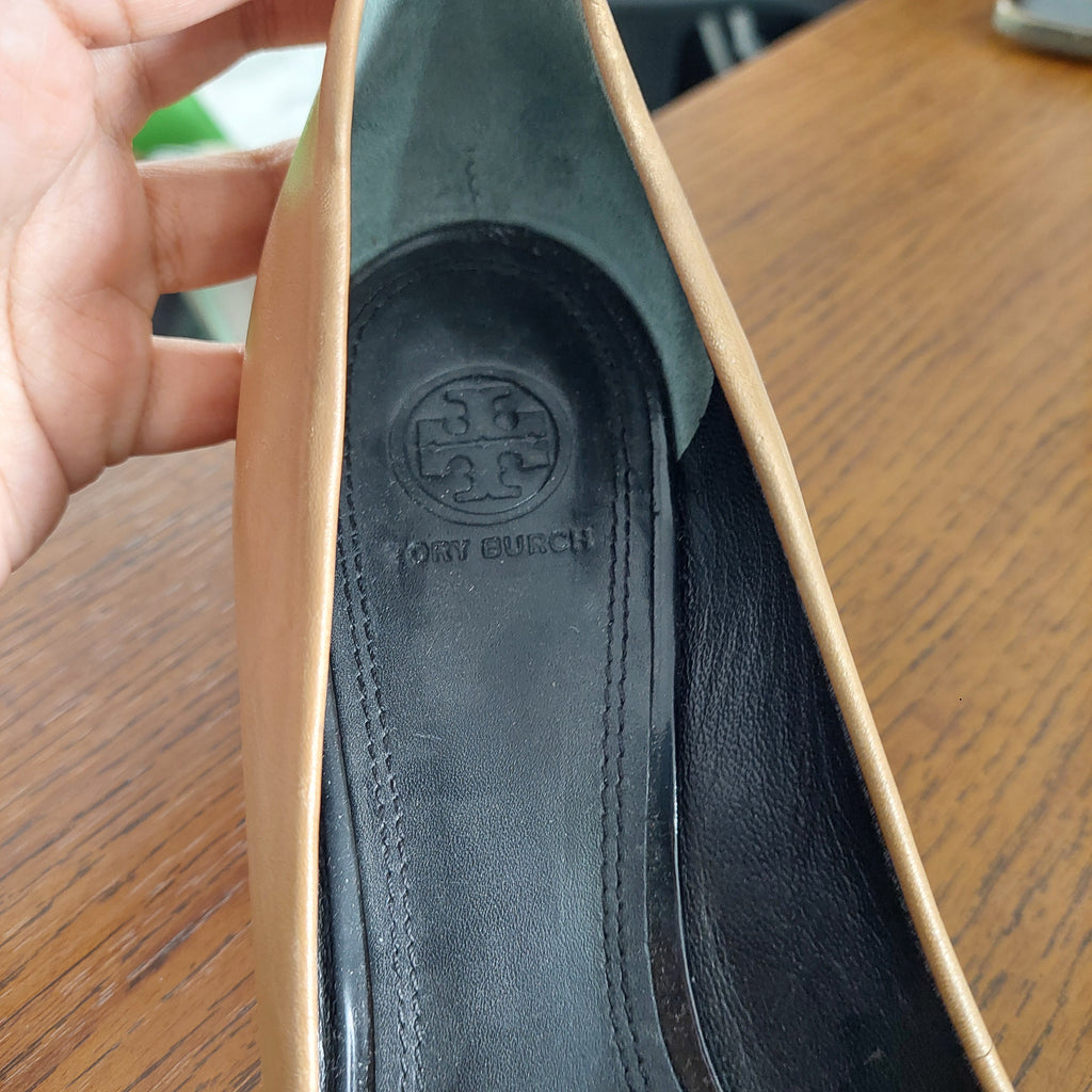 Tory Burch Tan Two Tone Patent Leather Caroline Wedges | Pre Loved |