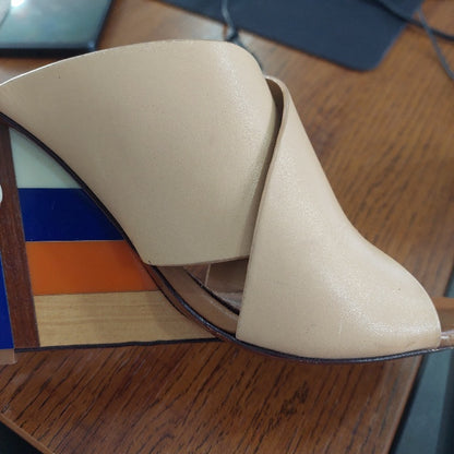 Tory Burch Beige Leather Colorblock Wedges | Pre Loved |