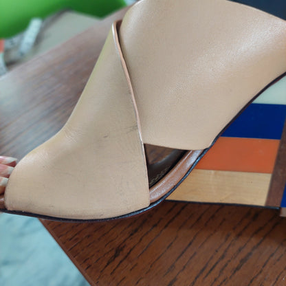 Tory Burch Beige Leather Colorblock Wedges | Pre Loved |