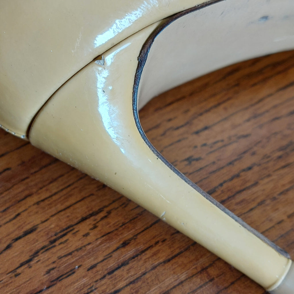 Salvatore Ferragamo Beige Patent Leather Peep Toe Heels | Pre Loved |