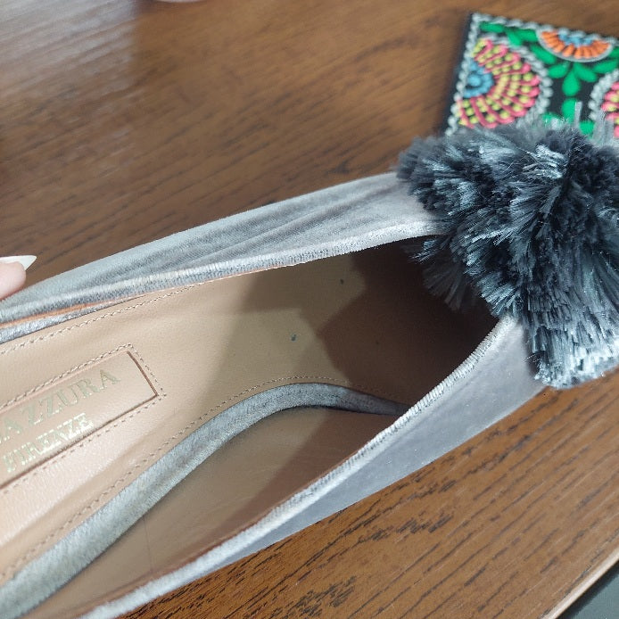 Aquazzura Grey Velvet Powder Puff Mules | Pre Loved |