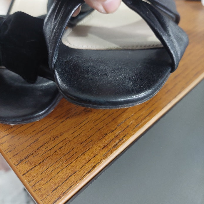 Prada Black Leather & Velvet Bow Block Heel Sandals | Pre Loved |