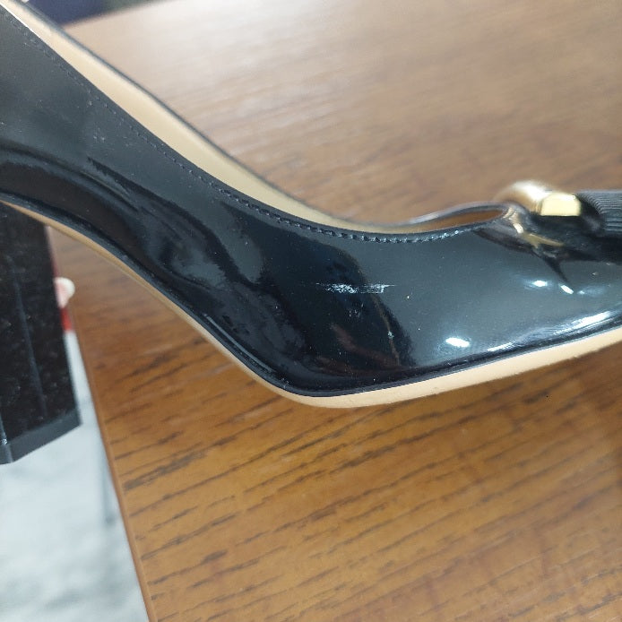 Salvatore Ferragamo Black Patent Leather Vara Bow Block Heels Pumps | Gently Used |