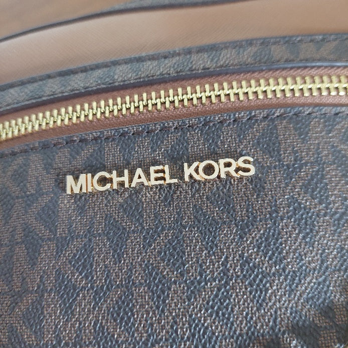 Michael Kors Brown Monogram Jet Set Zipper Chain Crossbody Bag | Pre Loved |