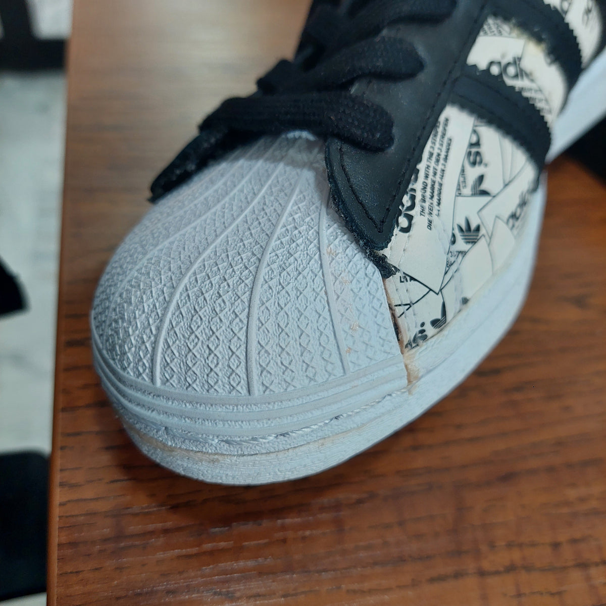Adidas Cloud White And Black Superstar Label Collage Shoes | Brand New |