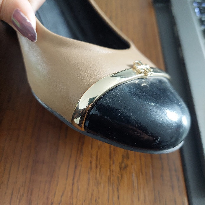 Tory Burch Tan Two Tone Patent Leather Caroline Wedges | Pre Loved |