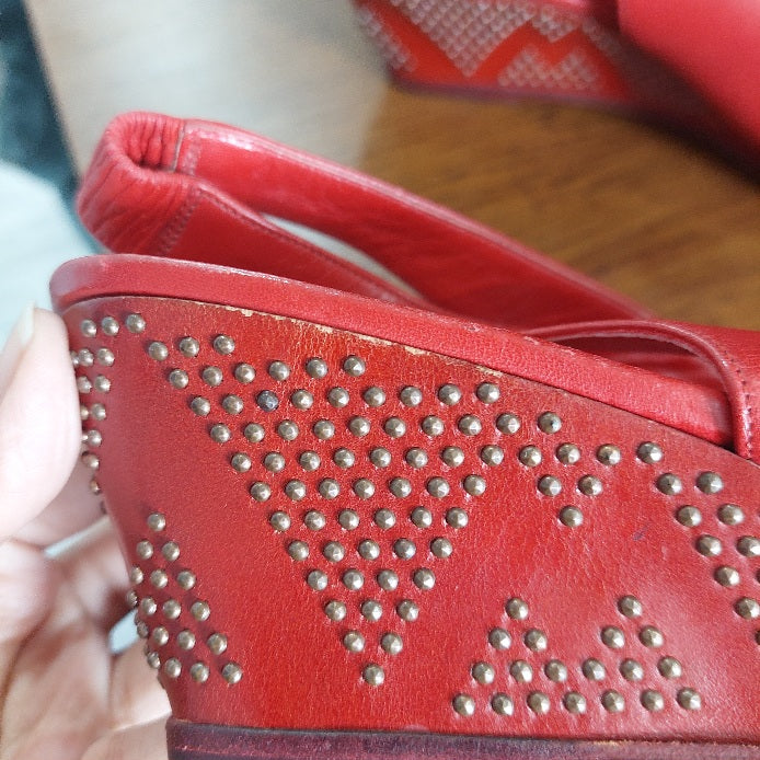 Bruno Magli Red Leather Peep Toe Studded Slingback Wedges | Pre Loved |