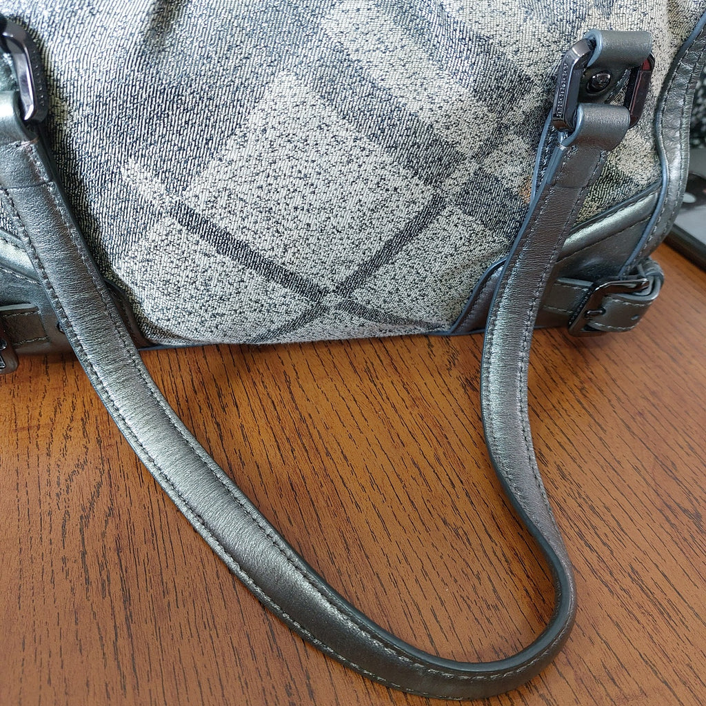 Burberry Beige/Metallic Grey Fabric Check and Leather Pilgrim Tote | Pre Loved |
