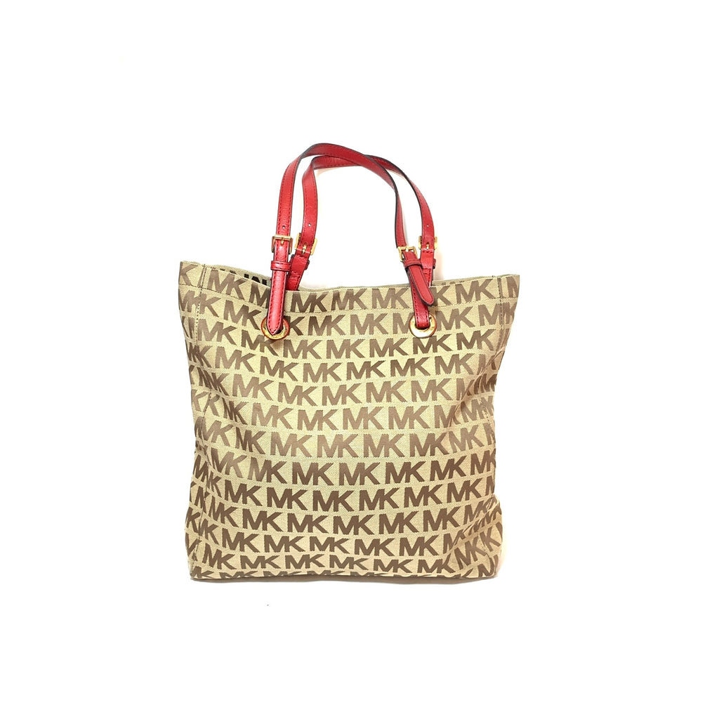 Michael Kors Monogram Canvas with Red Leather Straps Shoulder Bag | Gently Used |