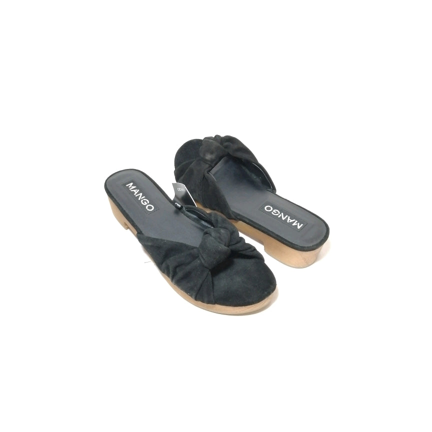 Mango Black Bow Suede Wooden Block Heel Sandals | Brand New |