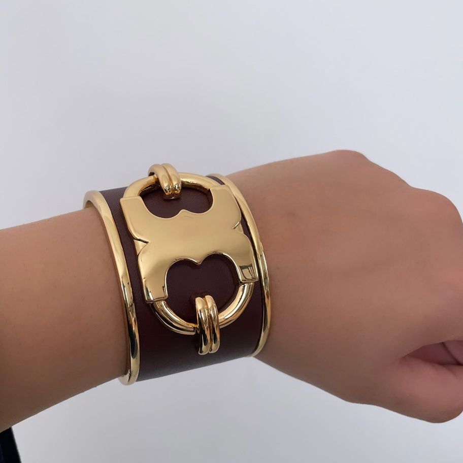 Tory Burch Brown Leather and Gold Logo Cuff Bracelet | Gently Used |