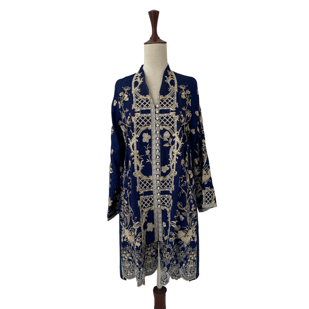 Sania Maskatiya Navy Blue & White Embroidered Silk Outfit (2 pieces) | Pre Loved |