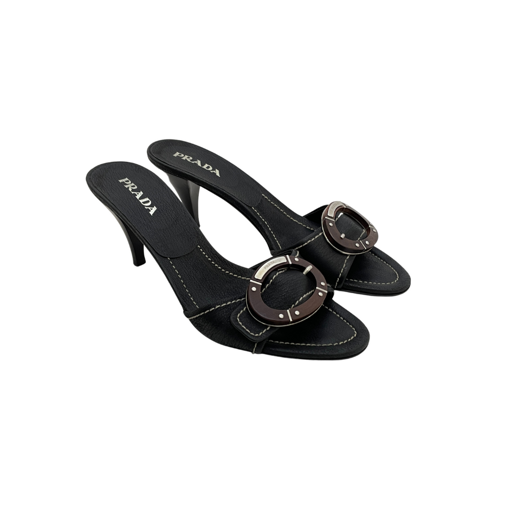 Prada Wooden Buckle Heeled Sandals | Gently Used |