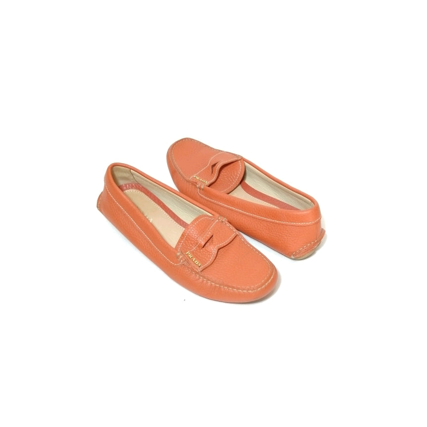 Prada Orange Pebbled Leather Moccasin Loafers | Pre Loved |