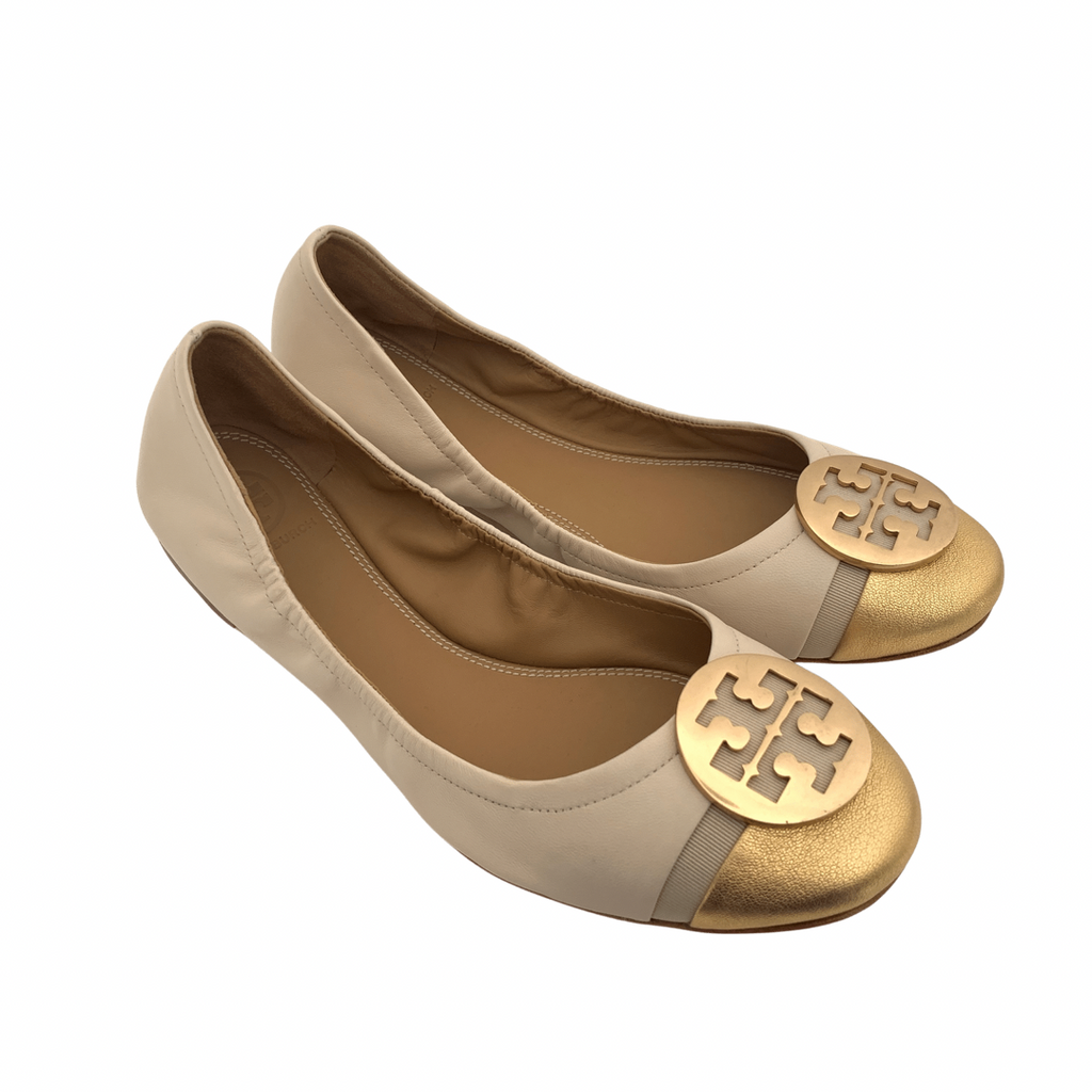 Tory Burch Beige & Gold Cap-Toe 'Minnie' Ballet Flats | Brand New |