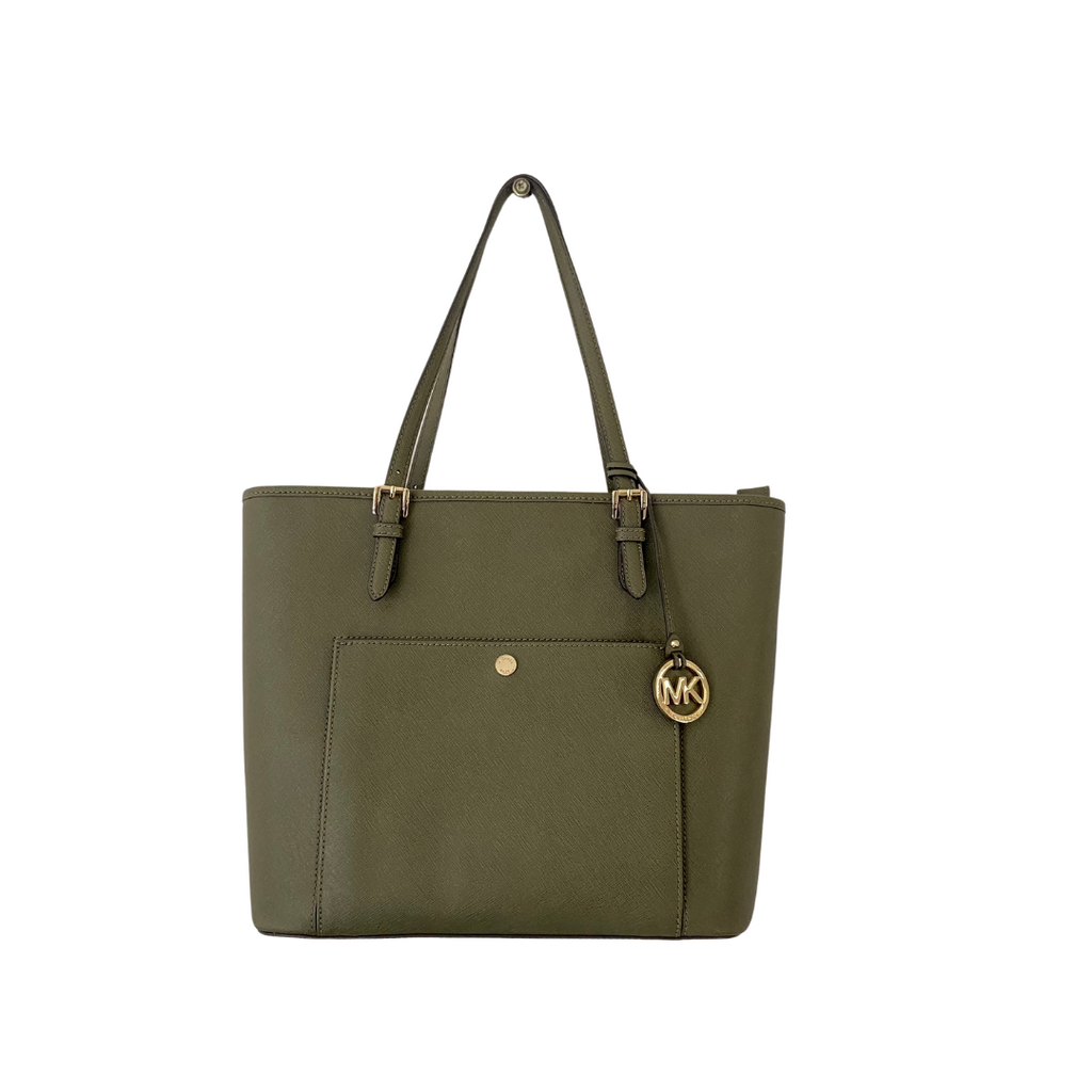 Michael Kors Army Green Saffiano Leather Jet Set Large Pocket Tote Bag | Gently Used |