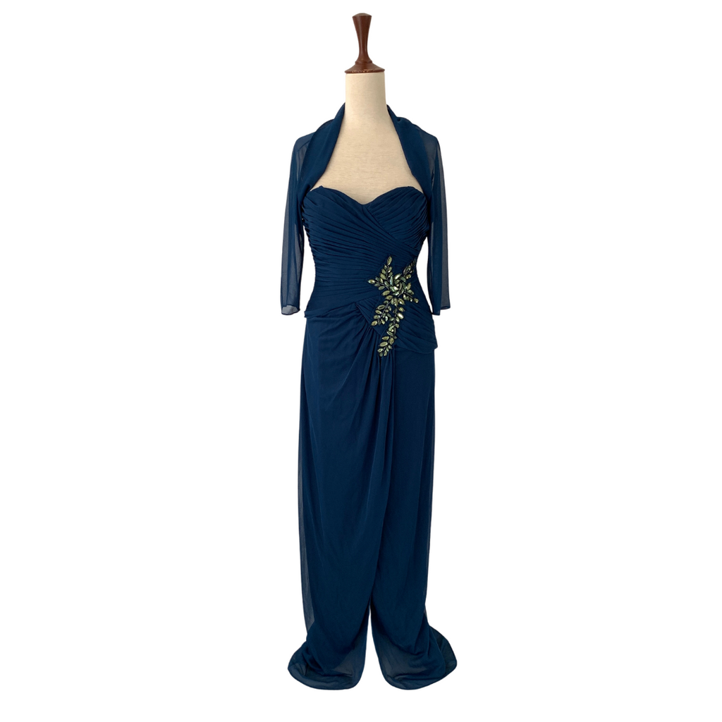Adrianna Papell Teal Side Drape Rhinestone Dress w/ Cover-up | Brand New |