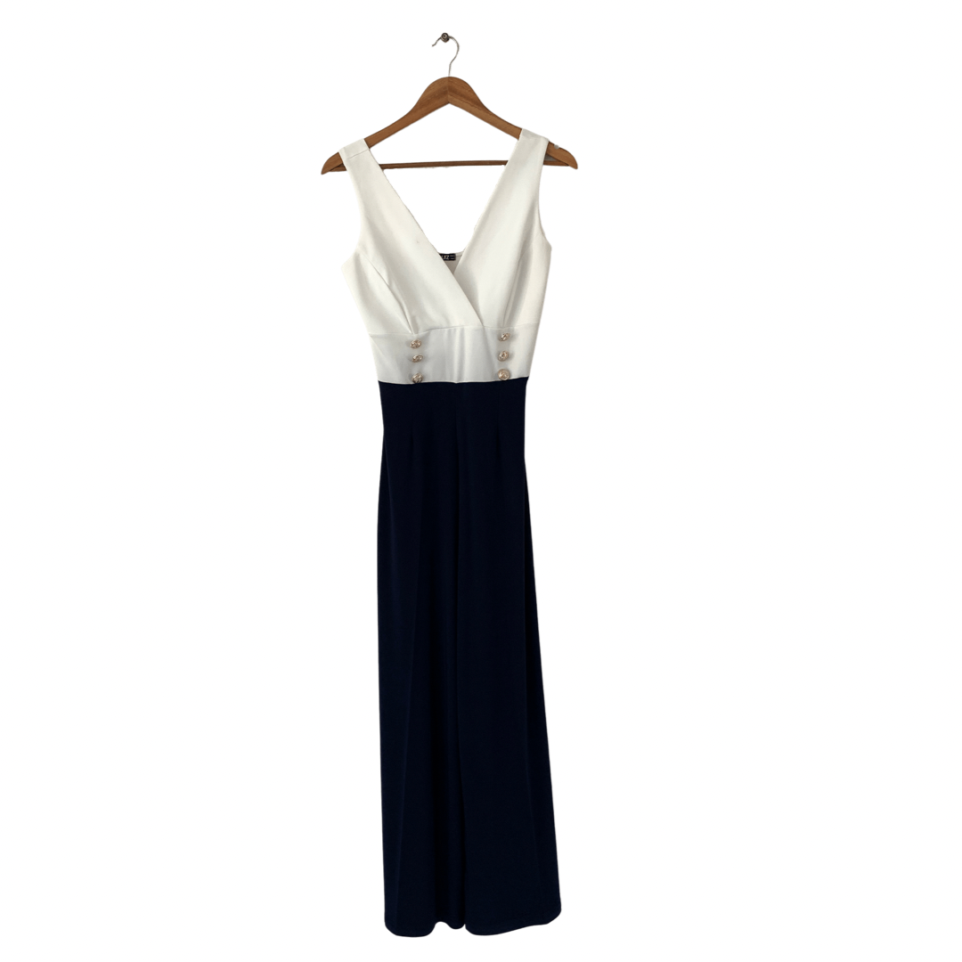 Quiz Blue & White Gold Buttons Jumpsuit | Pre Loved