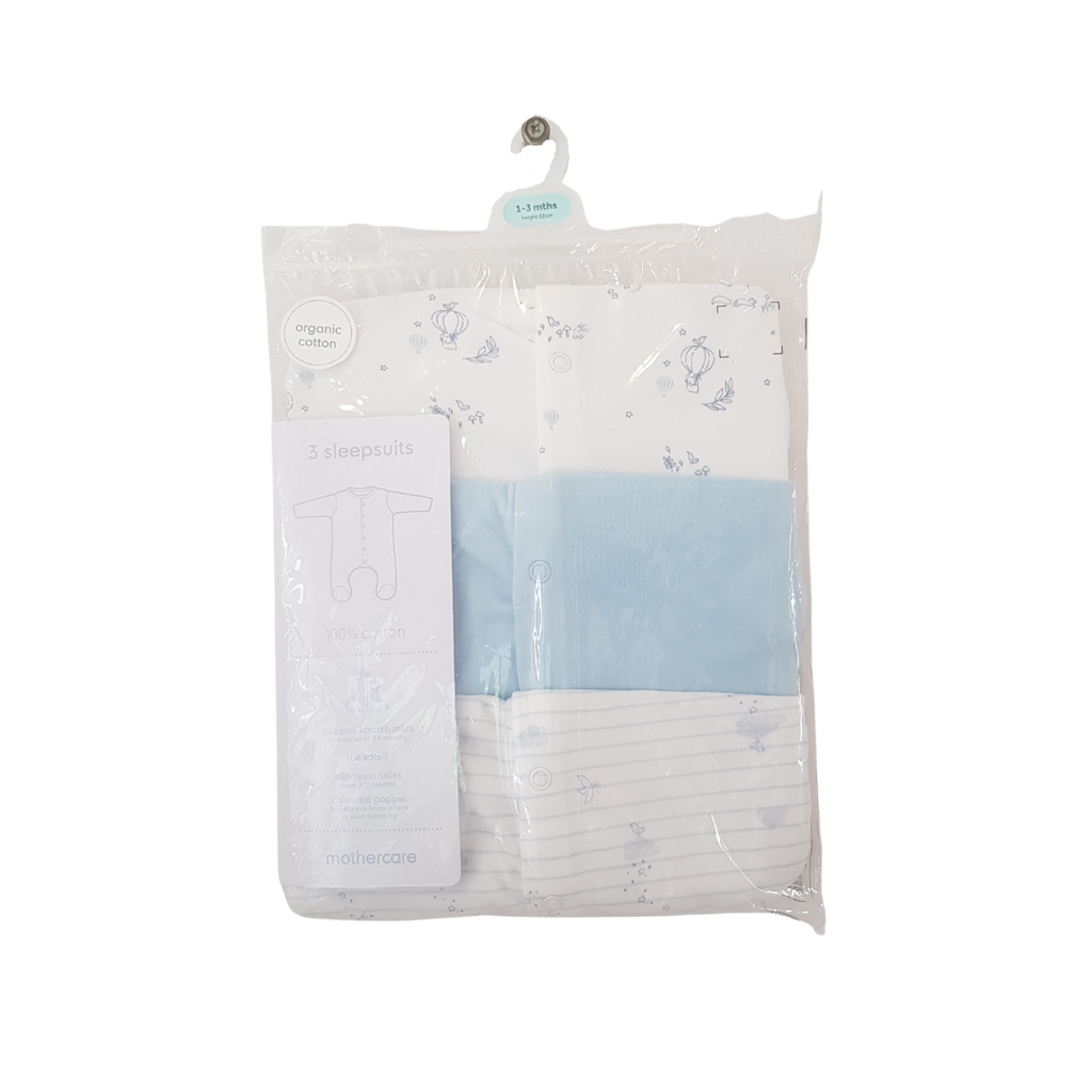 Mothercare Blue and White Sleepsuits 3pc (1 - 3 Months) | Brand New |