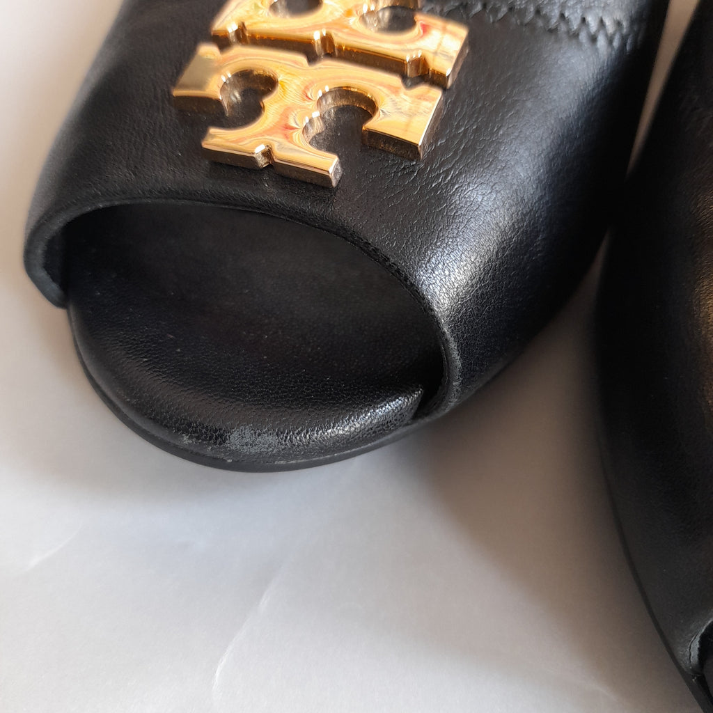 Tory Burch 'Laura' Black Leather Peep-toe Wedges | Pre Loved |
