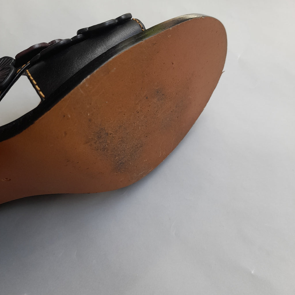 Coach Tea Rose Black Leather Flower Mules | Pre Loved |
