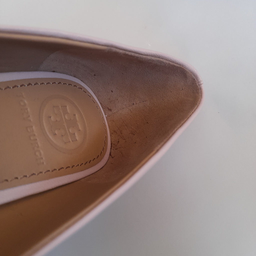 Tory Burch 'Benton' Sea Shell Pink Leather Peep-Toe Wedges | Like New |