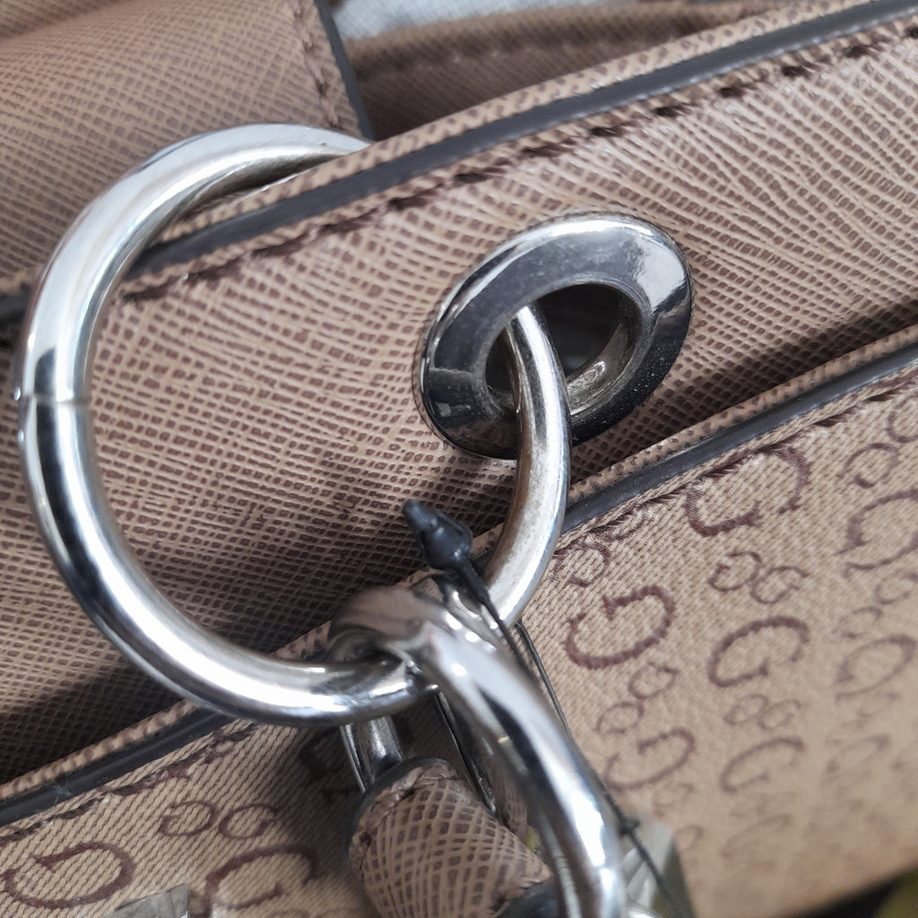 Guess Light Brown Monogram Satchel with Silver Tag | Like New |
