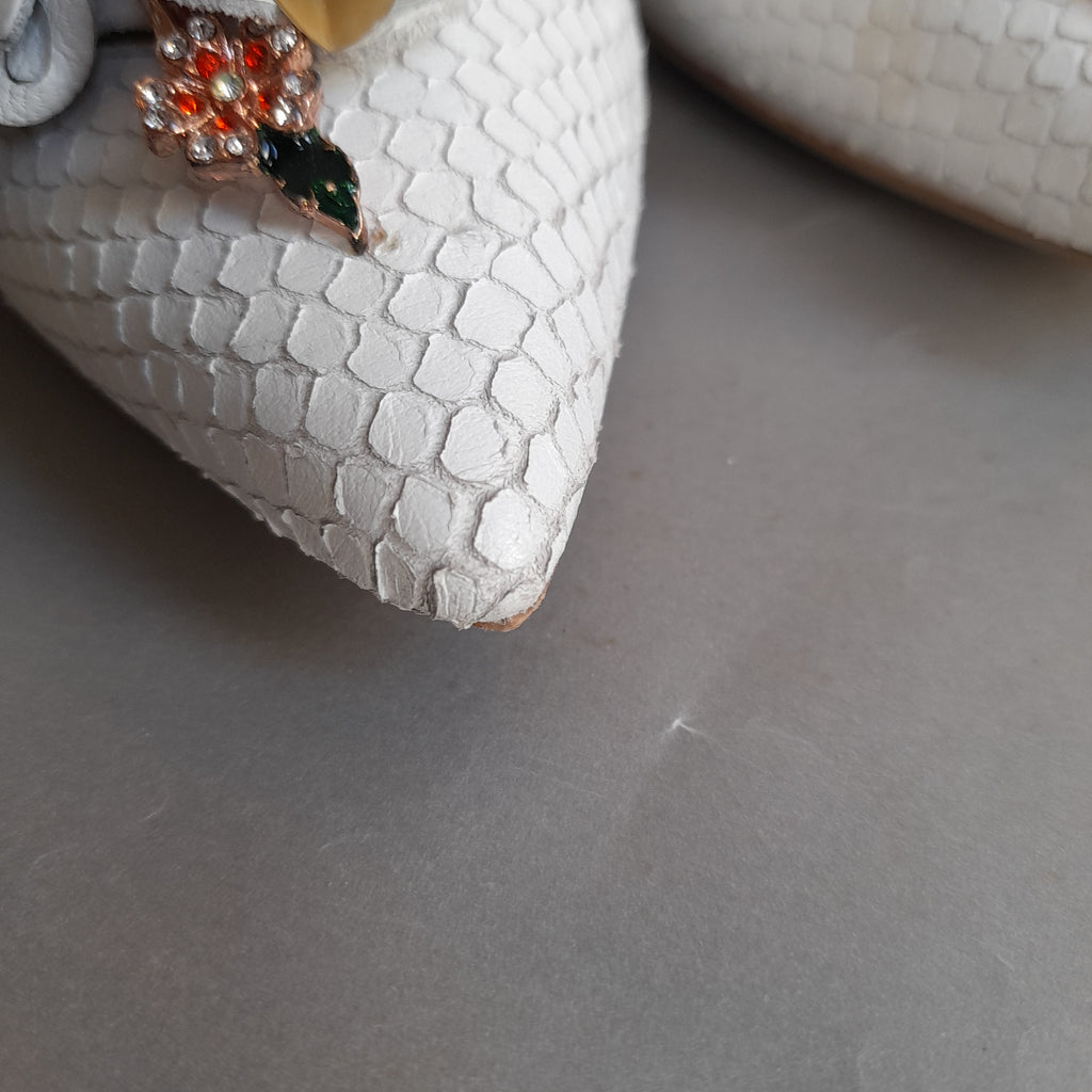 Dune White Snakeskin Textured Rhinestone 'Amerez' Heels | Pre Loved |