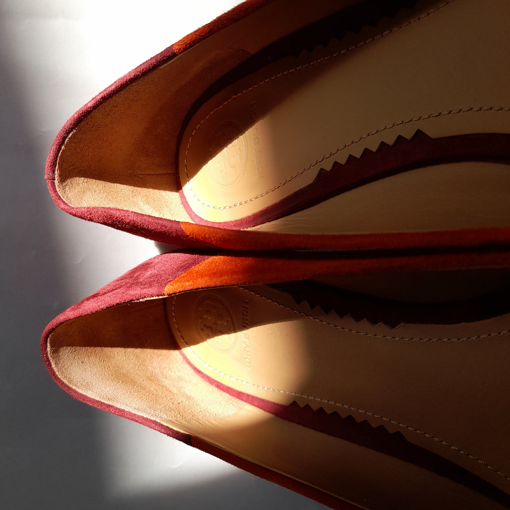 Tory Burch 'Gigi' Orange & Maroon Pointed Suede Flats | Gently Used |