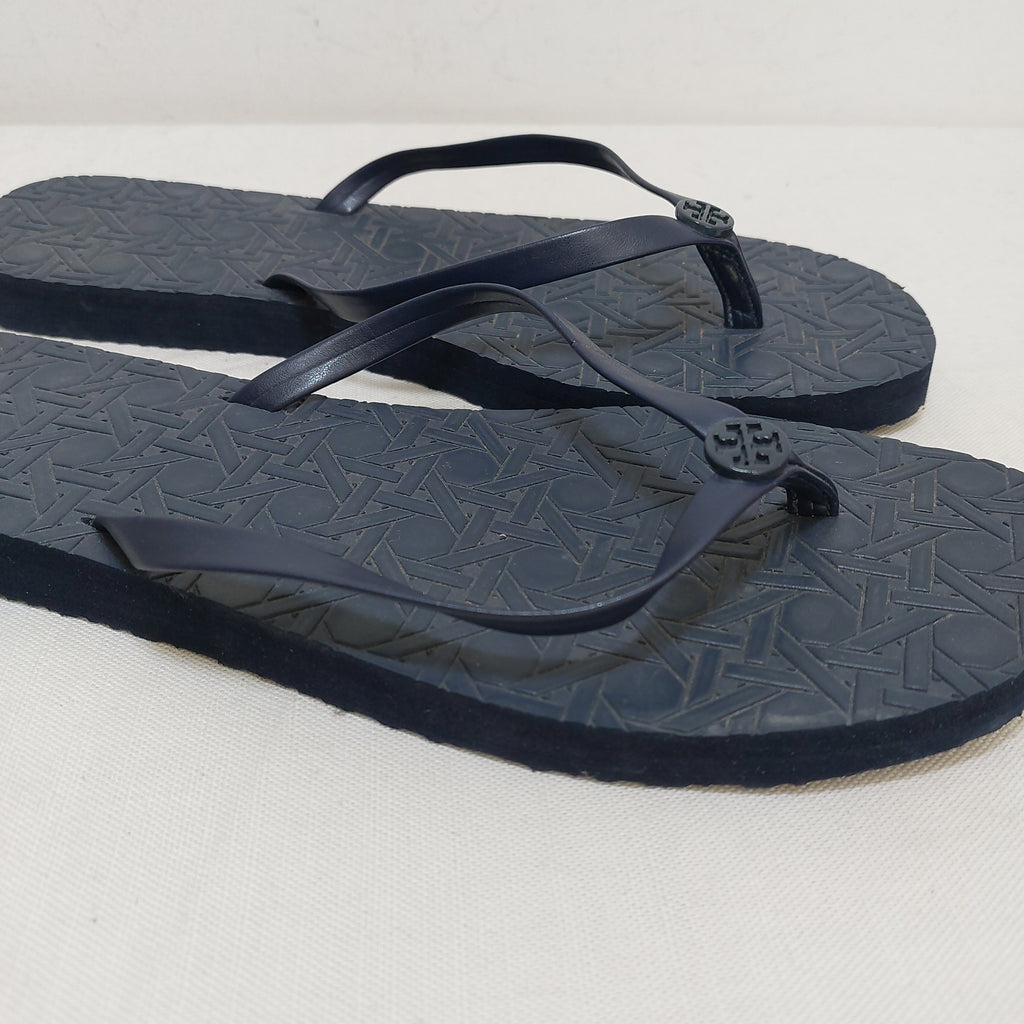 Tory Burch Midnight Blue Caning Rubber Flipflops | Pre Loved |