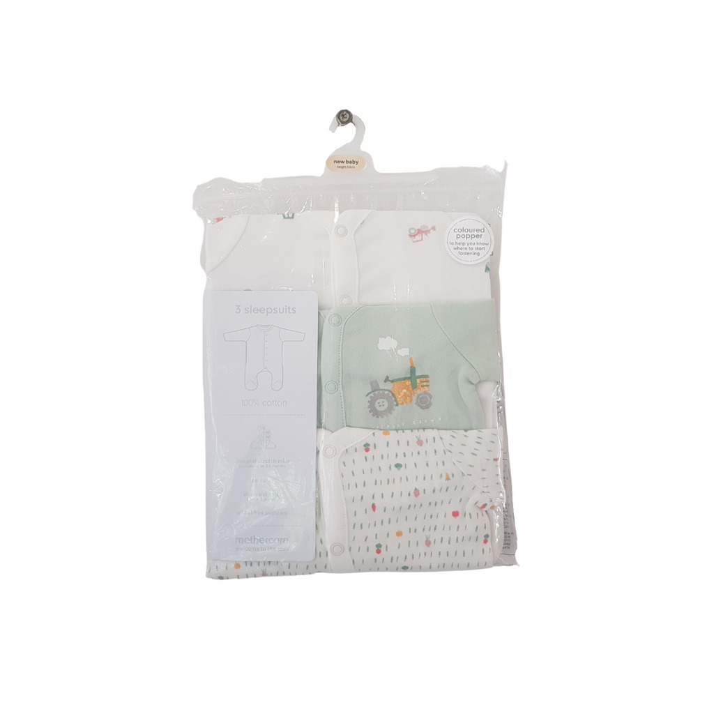 Mothercare Green and White Sleepsuits 3pc (Newborn) | Brand New |