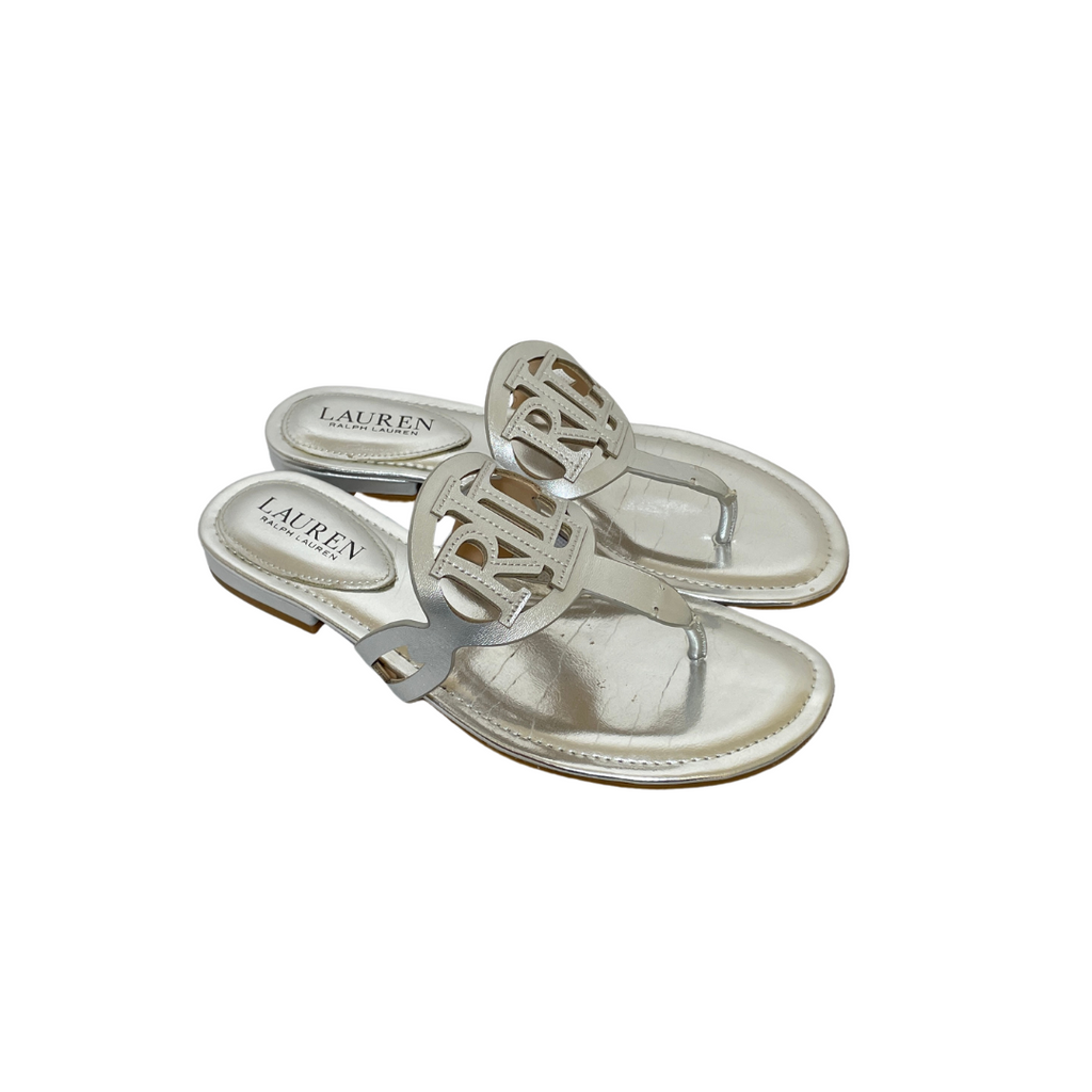 Ralph Lauren Silver Leather Logo 'Audrey' Sandals | Gently Used |